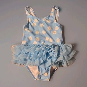 Cat & Jack Baby Girl Blue Daisy Swimsuit Tutu Ruffle One Piece Size 4T